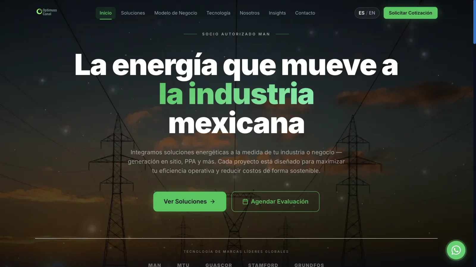 Sitio web de Optimuss Canal — Soluciones energéticas industriales en Monterrey, Nuevo León